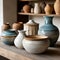 Handmade ceramic vases on the shelf in the rustic kitchen