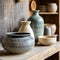 Handmade ceramic vases on the shelf in the rustic kitchen