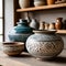 Handmade ceramic vases on the shelf in the rustic kitchen