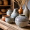 Handmade ceramic vases on the shelf in the rustic kitchen