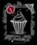 Handmade chalk sketch cupcake with price umbrella ribbon on black