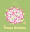 Handmade childish greeting card with birthday bouquet with daisy and pink hearts