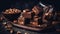 handmade chocolates with nuts on a wooden board on a black background