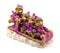 Handmade Christmas bears in sleigh in violet and gold jackets and hats on snow isolated