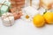Handmade citrus soap and fresh fruit on white background
