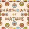 Handmade clay pottery with colored enamel. Text from the dishes - Harmony of nature. Seamless pattern