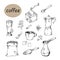 Handmade coffee set. Vector sketch set with Turkey, cups, spoons, coffee bean bag, coffee mill, coffee maker, latte