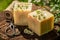 Handmade cubes of chamomile soap in summer garden