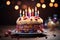 Handmade delight Birthday cake with many bright candles, sweet dessert