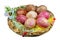 Handmade Easter nest with rural chicken bio eggs which are painted with natural dyes - beet, cabbage, onion isolated