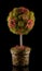 Handmade floral topiary decorative tree on black background.