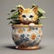 Handmade Glazed China Flowerpot With Orange And White Cat Design