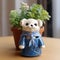 Handmade Glazed China Flowerpot With Teddy Bear Statue