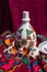 handmade and hand painted ceramic clay jug with long and thin spout and cups with traditional Podillia abstract and bird patterns