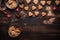 handmade heart shaped cookies on wooden table kitchen. Top view. Ai generative