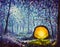 Handmade painting A bright yellow portal to another world in a mystical blue forest. Beautiful night forest art. Illustration, fai