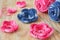 Handmade pink and blue crochet flowers and heart