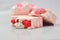 Handmade pink soap.Cold Processed Handcrafted Soap.Home made soap look like cake, ice cream with berries,glitter on gray