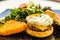 Handmade pork sausage  patty, egg, cheddar, Japanese wheat flour and Taiwan longan blossom honey muffin, with mesclun and crispy