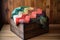 handmade quilt folded neatly in a rustic wooden crate
