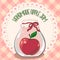 Handmade red apple jam jar on lace doily label and gingham tablecloth. Vector illustration, eps 10. Jam label template for package
