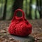 Handmade red knitted bag on a stone in the forest.