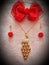 Handmade red ribbon jewellery set with a beautiful peacocks pendant