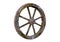 Handmade rustic vintage wooden wheel used in medieval wagons and carriages, isolated white background