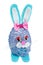 A handmade sad lonely Easter bunny girl made of blue cotton threads isolated