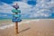 Handmade signpost on the tropical beach in