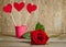 Handmade skewers with cloth hearts and beauty red rose