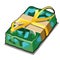 Handmade soap green with splashes of blue pieces. Cartoon gift in the military paratrooper style with yellow ribbon bow