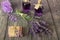 Handmade soap, lavender tincture, sea salt, on table