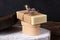 Handmade soap on wood podium on wooden background