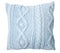 Handmade stylish light blue knitted pillow on a white background