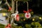 Handmade toys for Christmas tree decoration, an asterisk on green branches outdoor, toy made of wood, plaster and glitters,