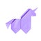 Handmade violet origami unicorn on white background isolated