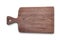 Handmade walnut wood chopping board with knife score on white background