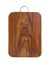 Handmade walnut wood cutting board with metal handle, isolated on a white background, top view