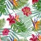 Handmade watercolour painting. Floral tropical seamless pattern for wallpaper or fabric.