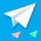 Handmade white paper plane vector icon set in isometric flat style isolated on blue background. Origami white orange and