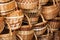 Handmade willow wicker baskets background