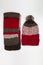 Handmade wool knitted winter red and grey hat