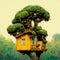 handmade yellow tree house 3d rendering