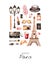 Handpainted postcard with cosmetics,Tour Eiffel, coffee,camera,parfum