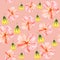 Handpainted watercolor seamless pattern with yellow and red mallow flowers Abutilon on pink background