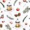 Handpainted watercolor woodland seamless pattern in vintage style. Winter Christmas texture