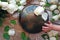 The Handpan is traditional ethnic drum musical instrument with roses background near the child`s hand.