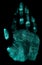 Handprint on black background. Handprint with ultraviolet lamp