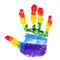 Handprint with the colors of the rainbow flag